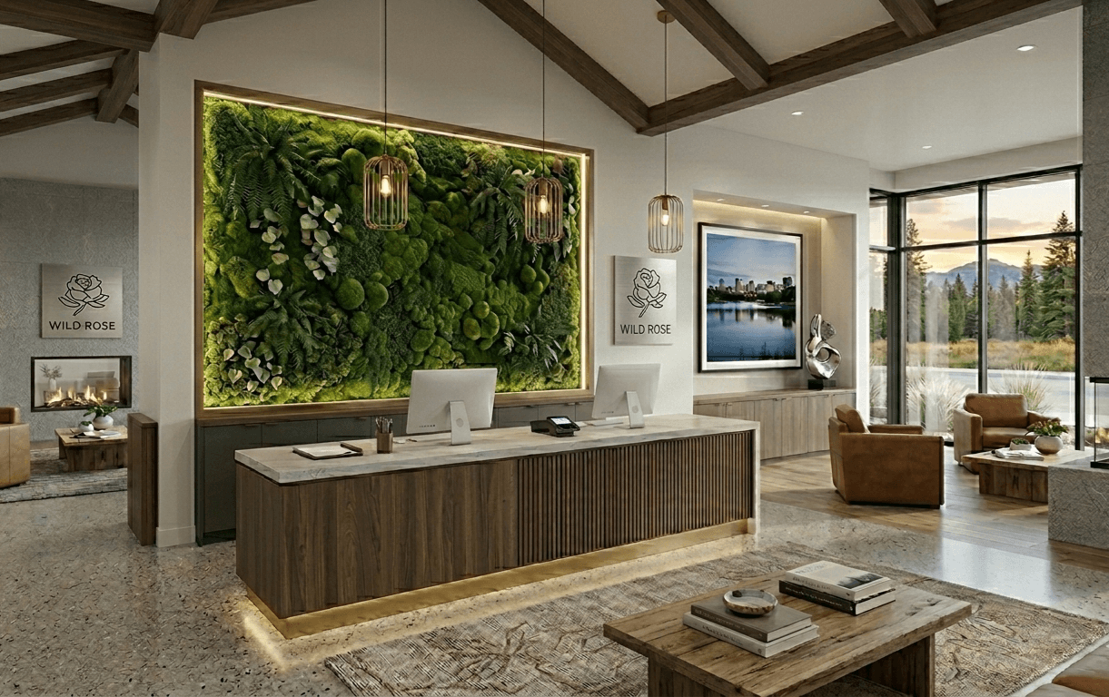 Hotel lobby reception with a living moss wall, timber desk, and waiting lounge