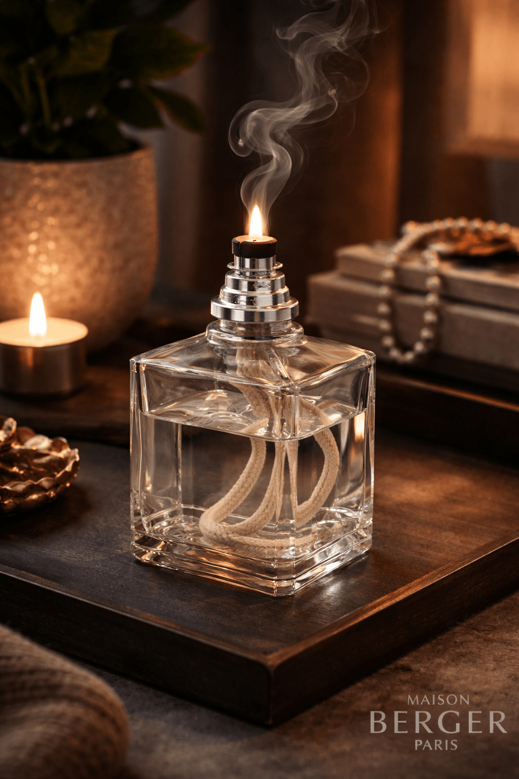 Maison Berger Echo lamp styled on a dark surface