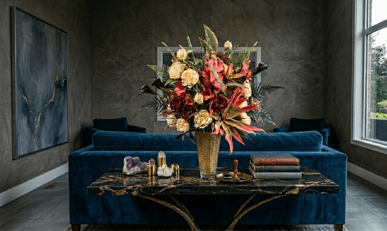 Custom faux floral arrangement styled by Interiors on Main