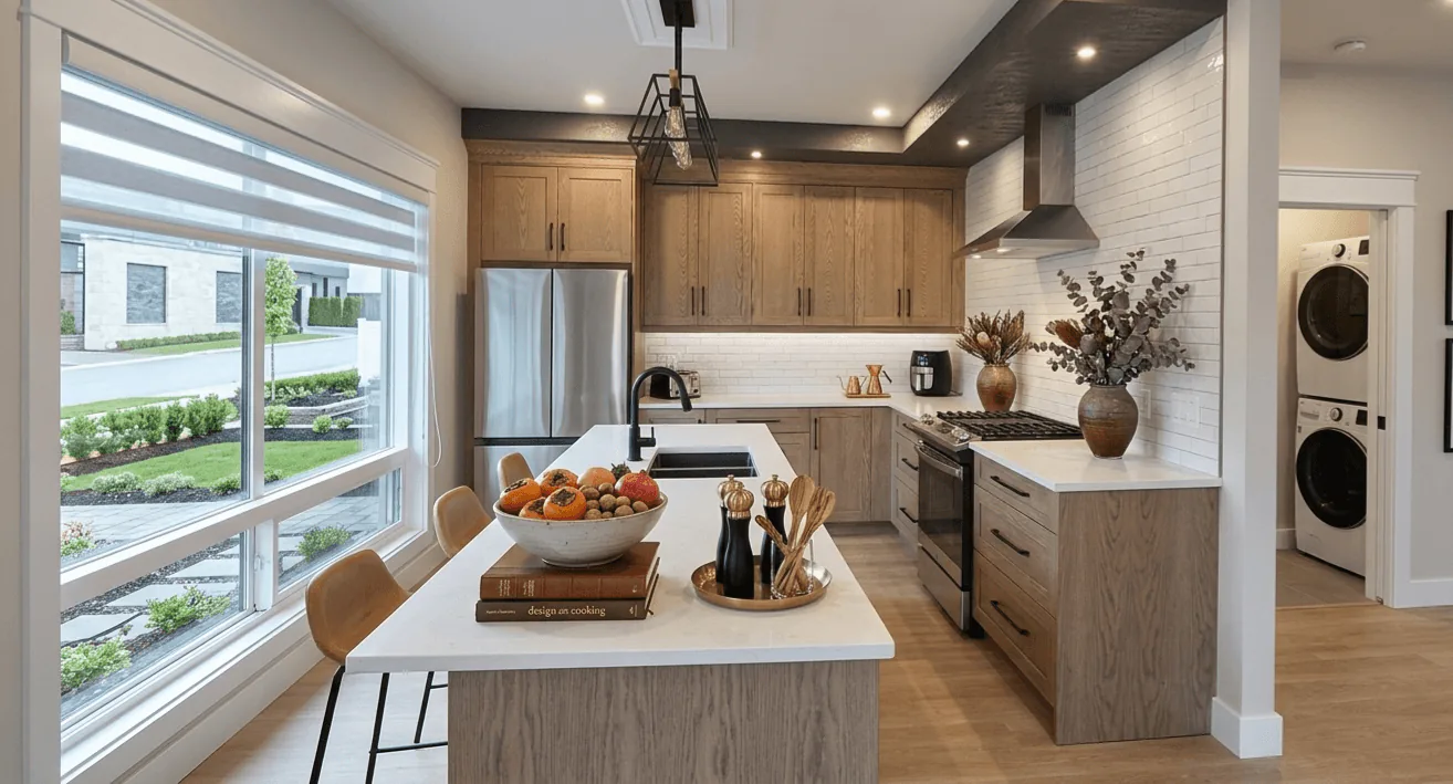 Light oak kitchen with a white island, black fixtures, and a wide picture window