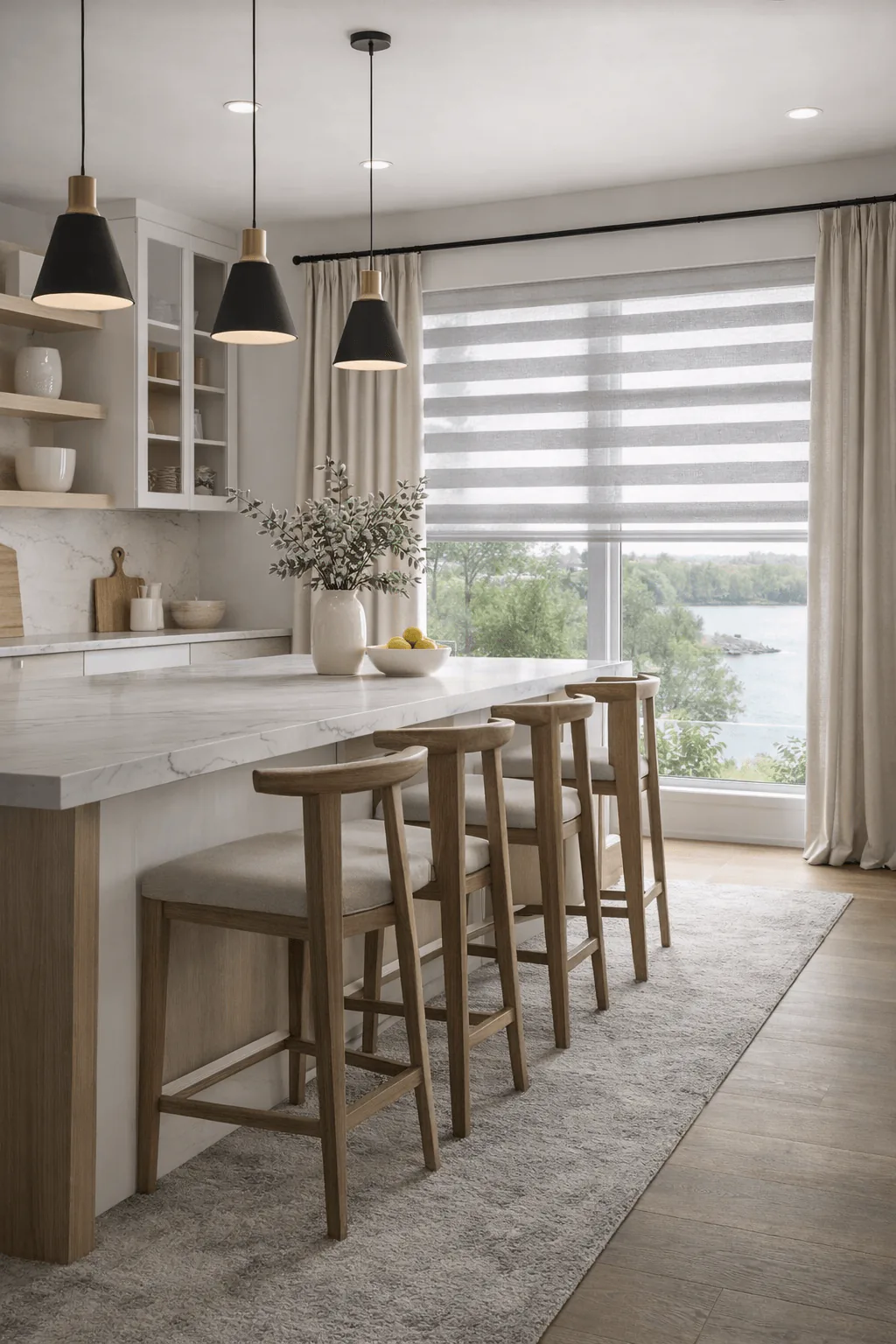 Neutral drapery and a banded shade at a kitchen window overlooking the water