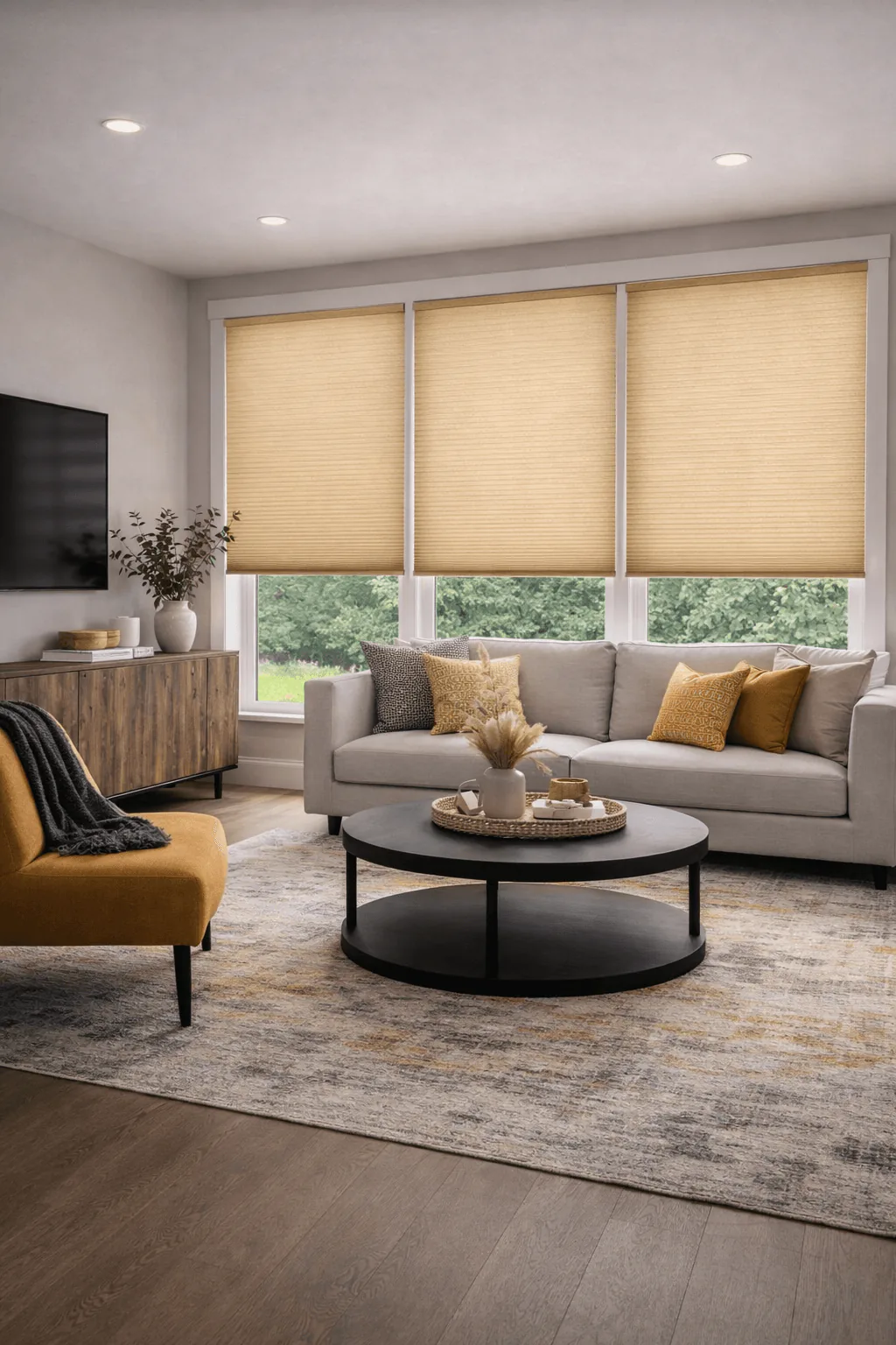 Warm-toned cellular shades installed across three living room windows