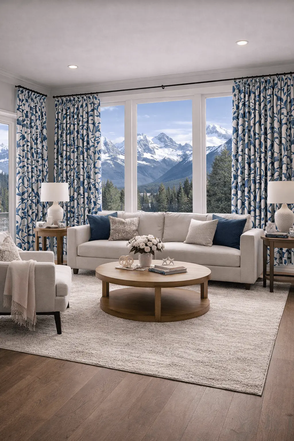 Blue patterned drapery framing a mountain-view living room