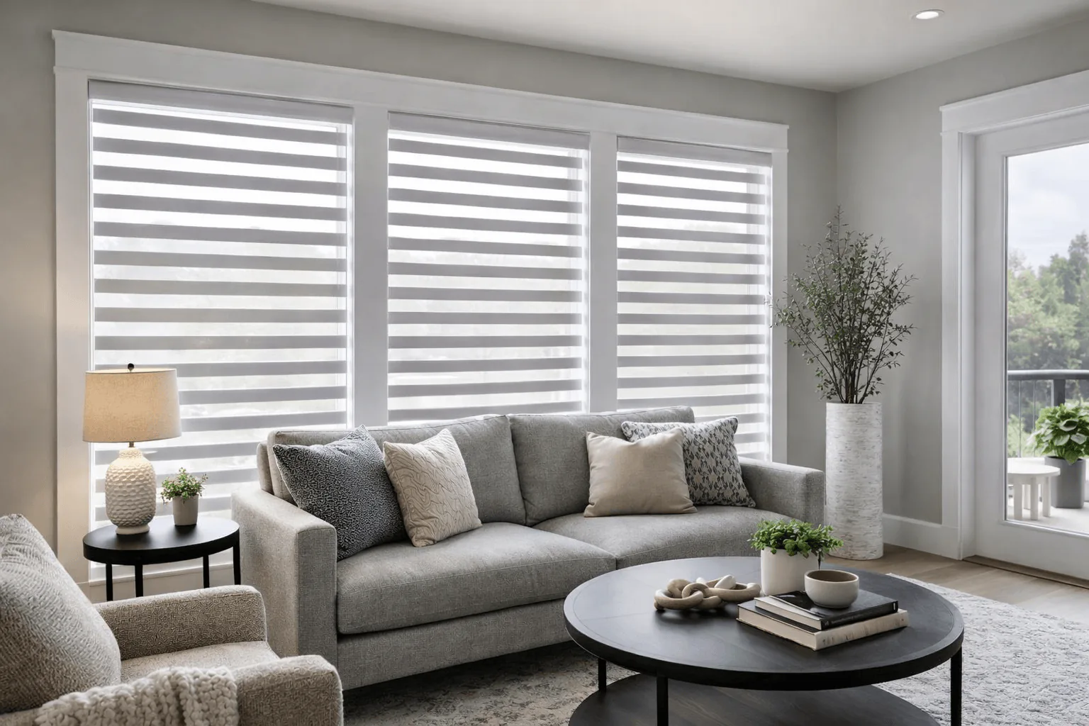 Banded shades across a bright living room window wall