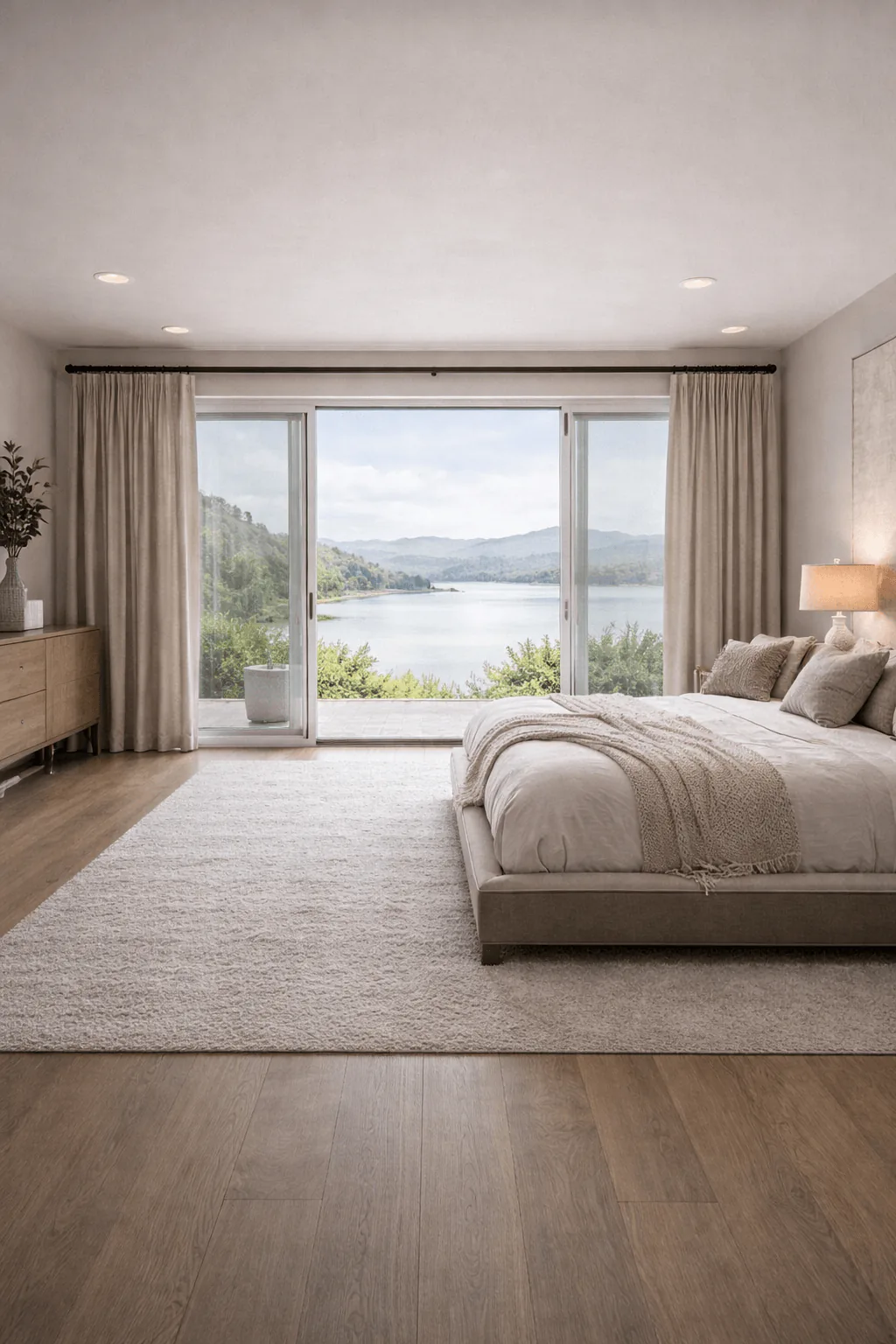Neutral full-height drapery framing a bedroom lake view