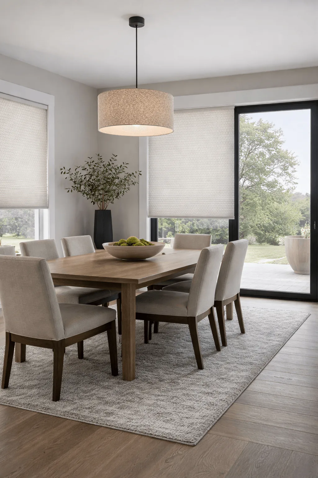 Light-filtering textured shades in a modern dining room