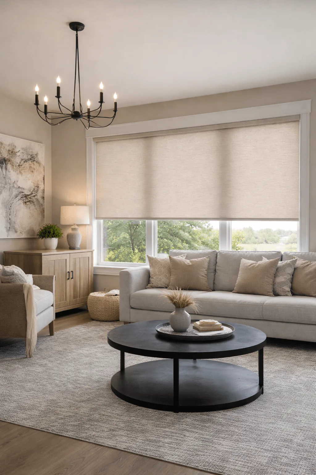 Textured roller shade across a wide living room window