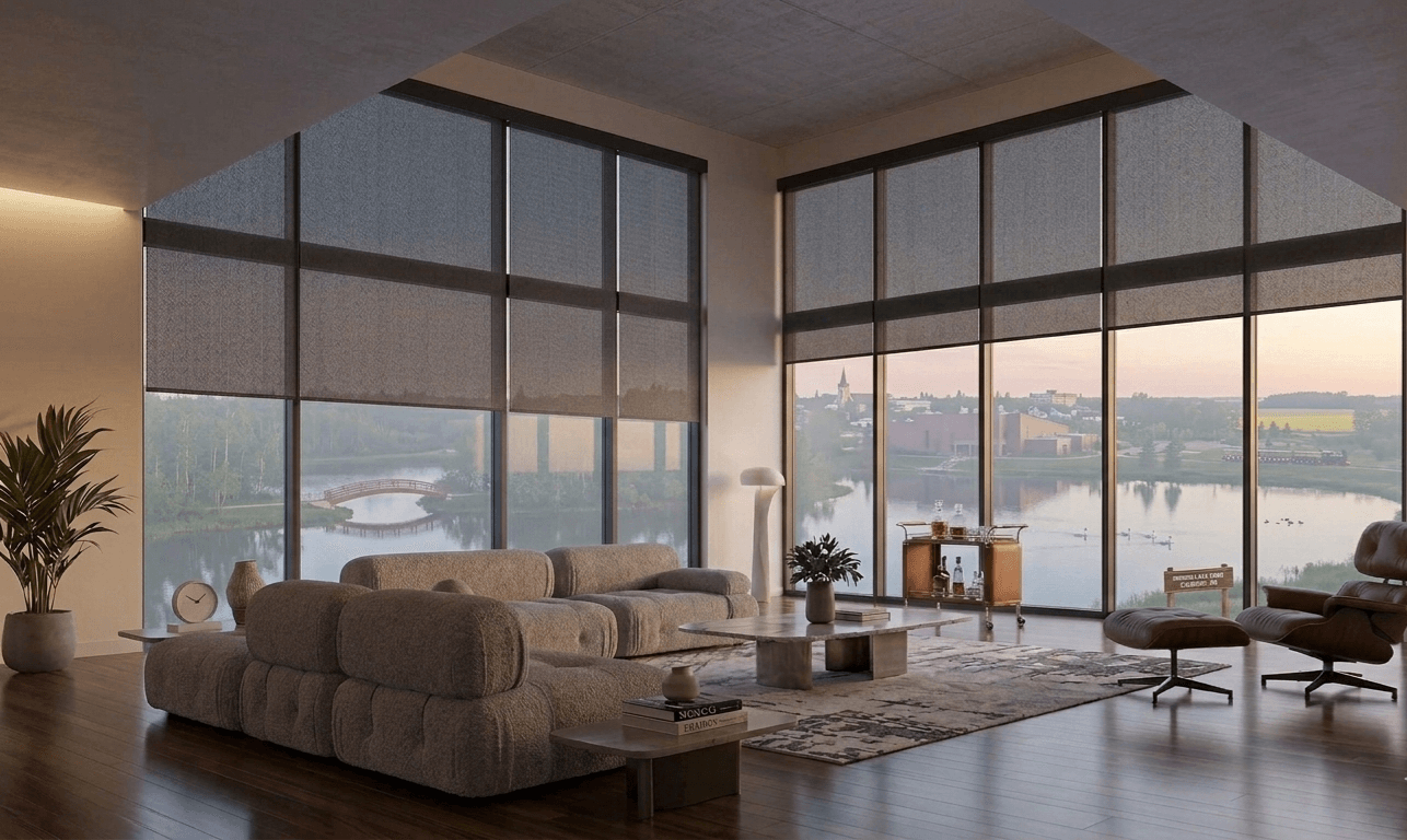 Twelve-plus-foot roller shades installed by Interiors on Main