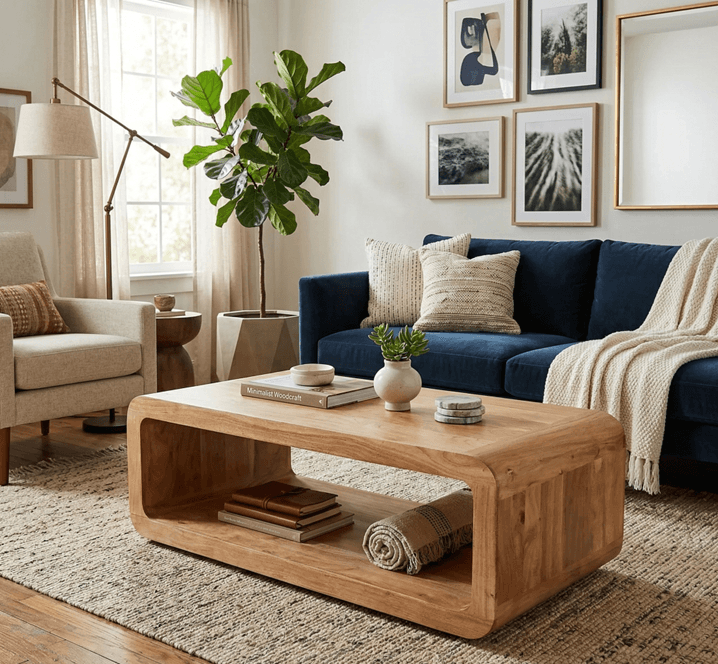 Wood coffee table with rounded corners in a layered living room