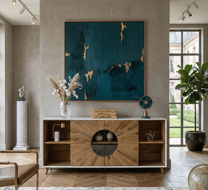Art-forward console beneath a large abstract painting
