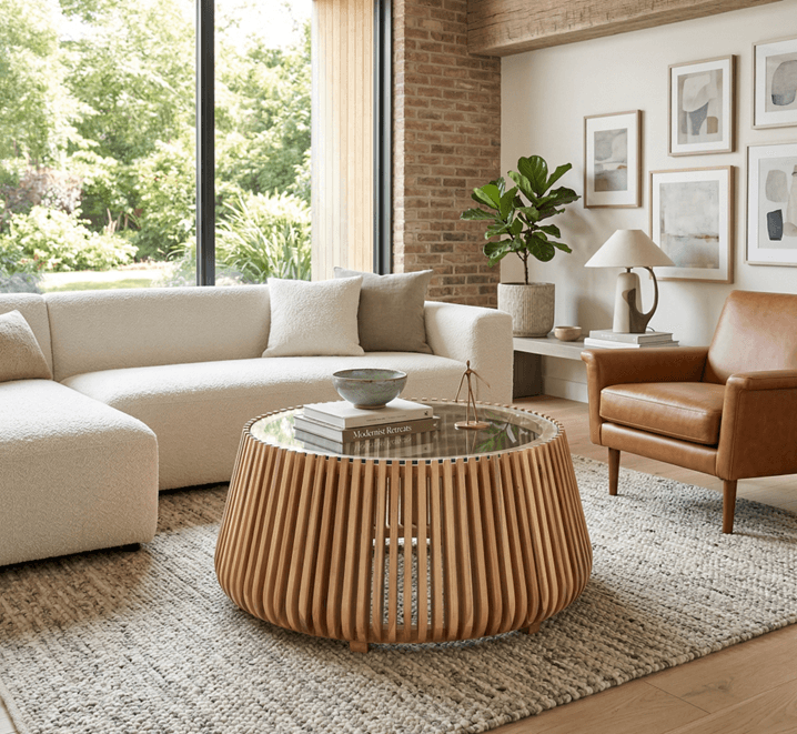 Round slatted wood coffee table in a bright living room