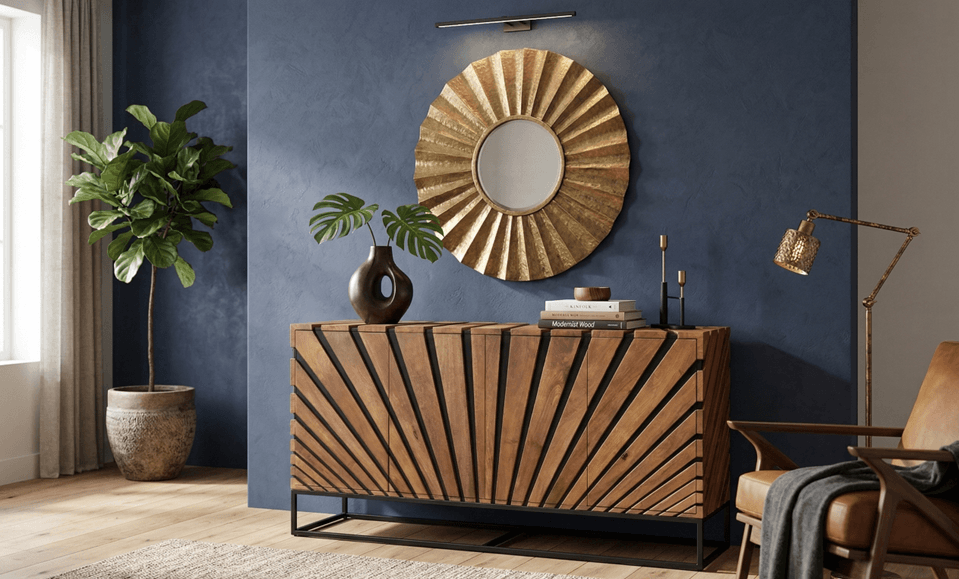 Wood credenza with sunburst detailing against a blue wall
