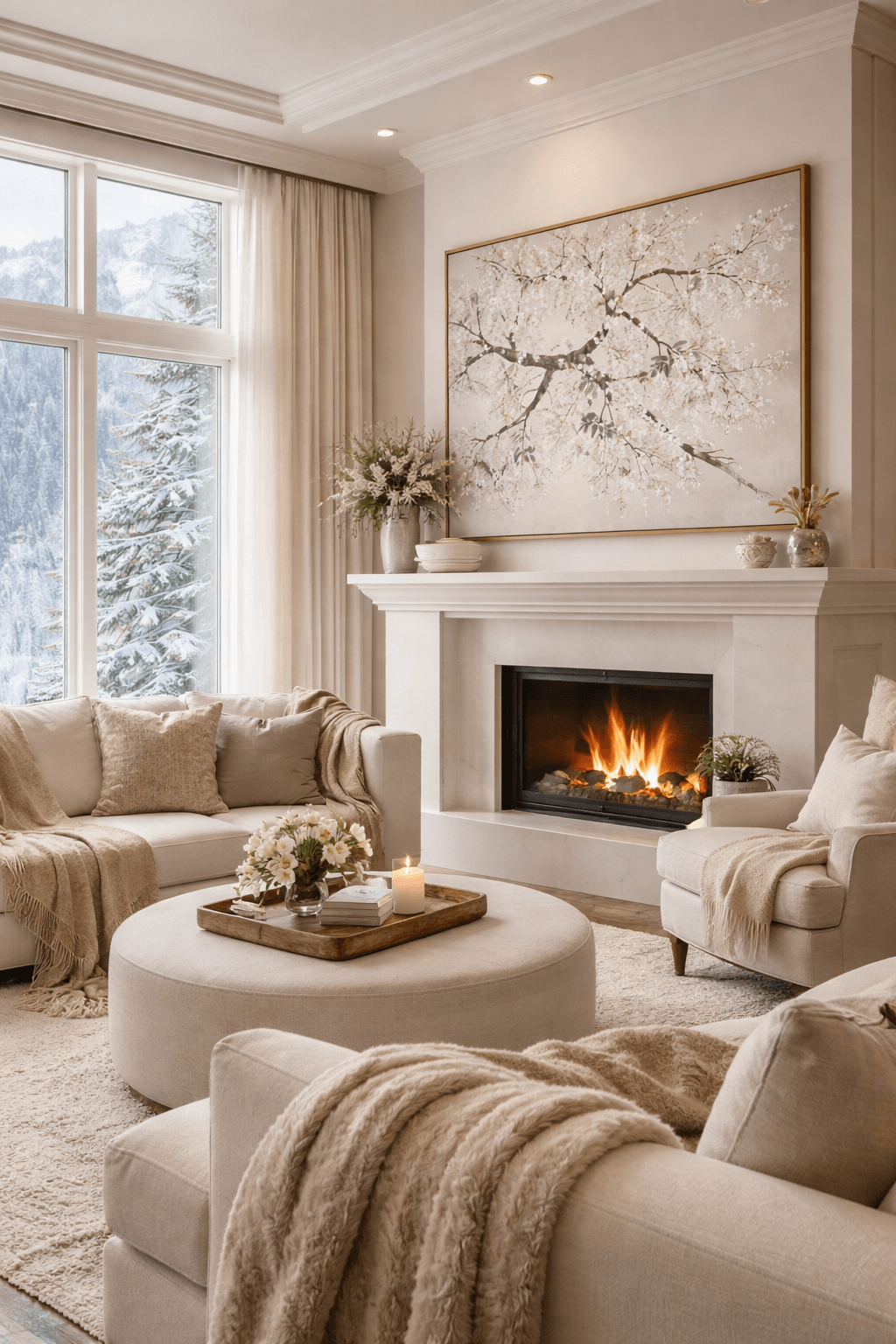 Large framed blossom artwork above a fireplace