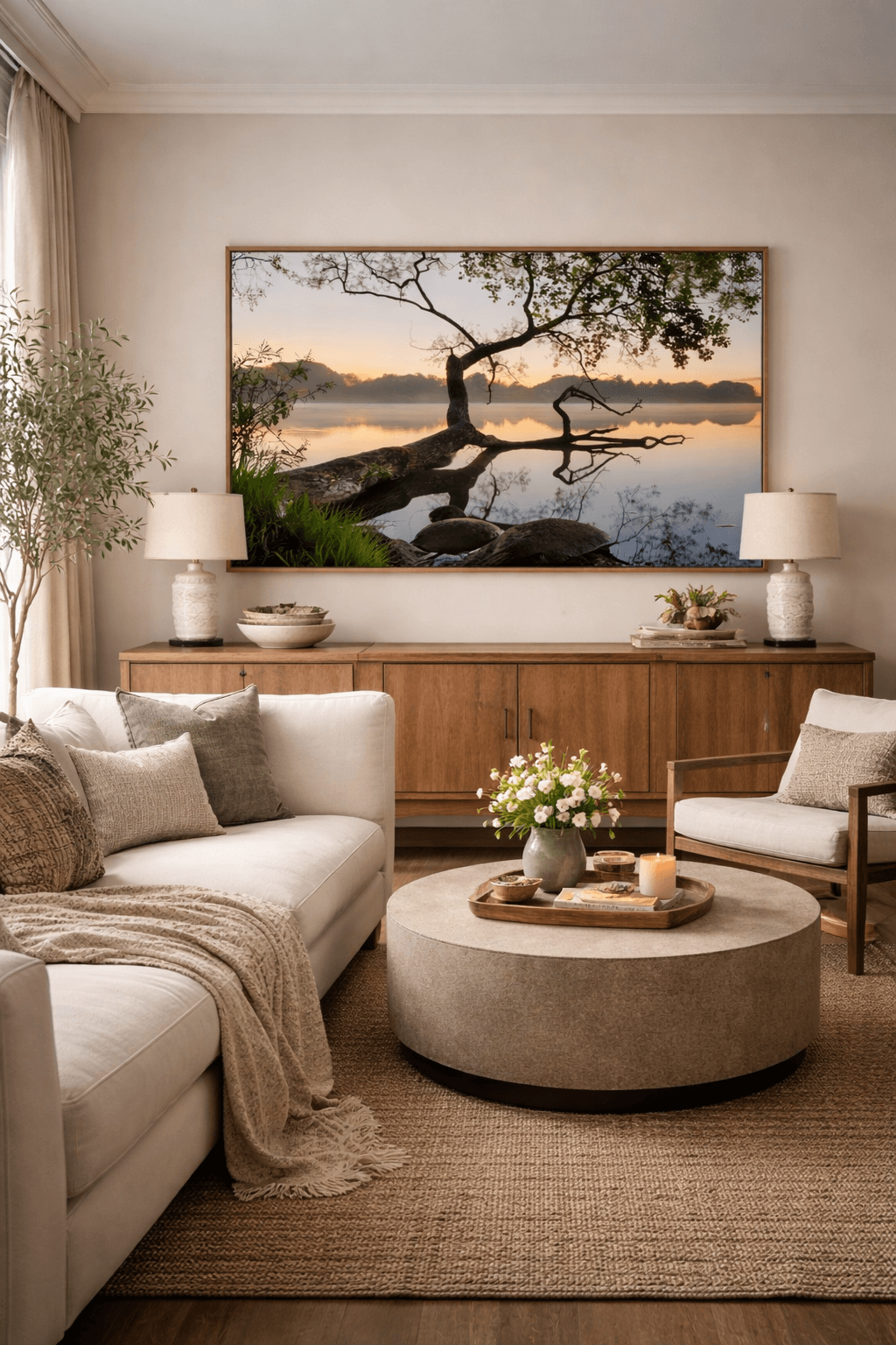 Wide landscape artwork above a wood console