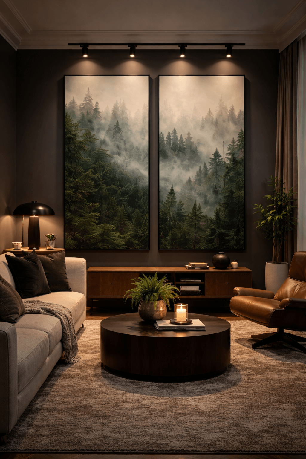 Moody forest diptych framed above a low console