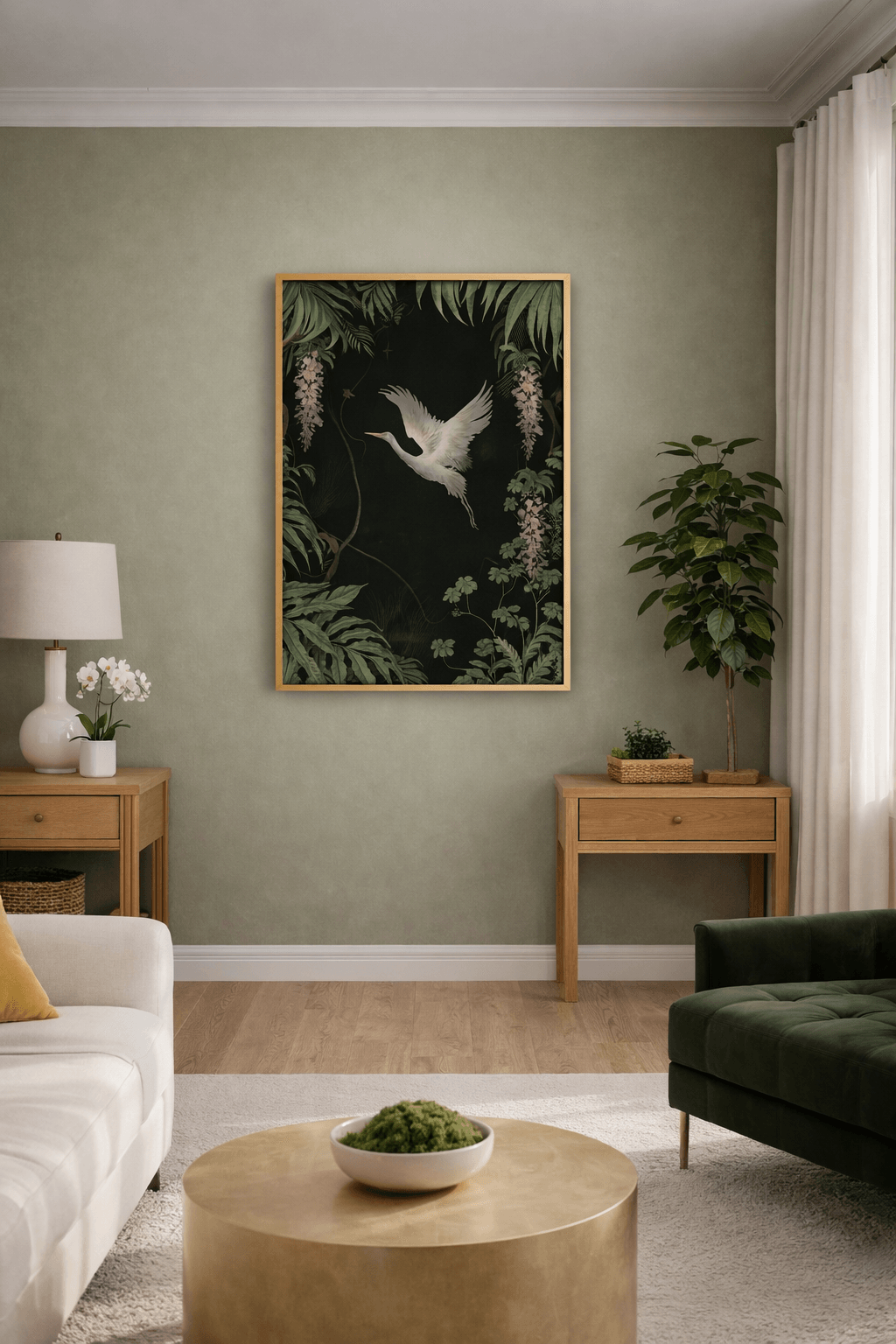 Botanical crane artwork in a softly styled room